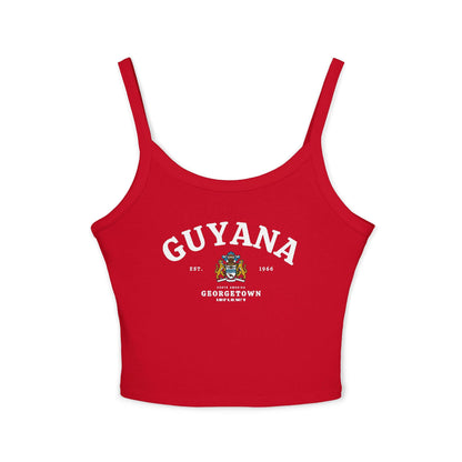 Navy tank top with arched Guyana text, coat of arms, Georgetown, Est. 1966, and South America details