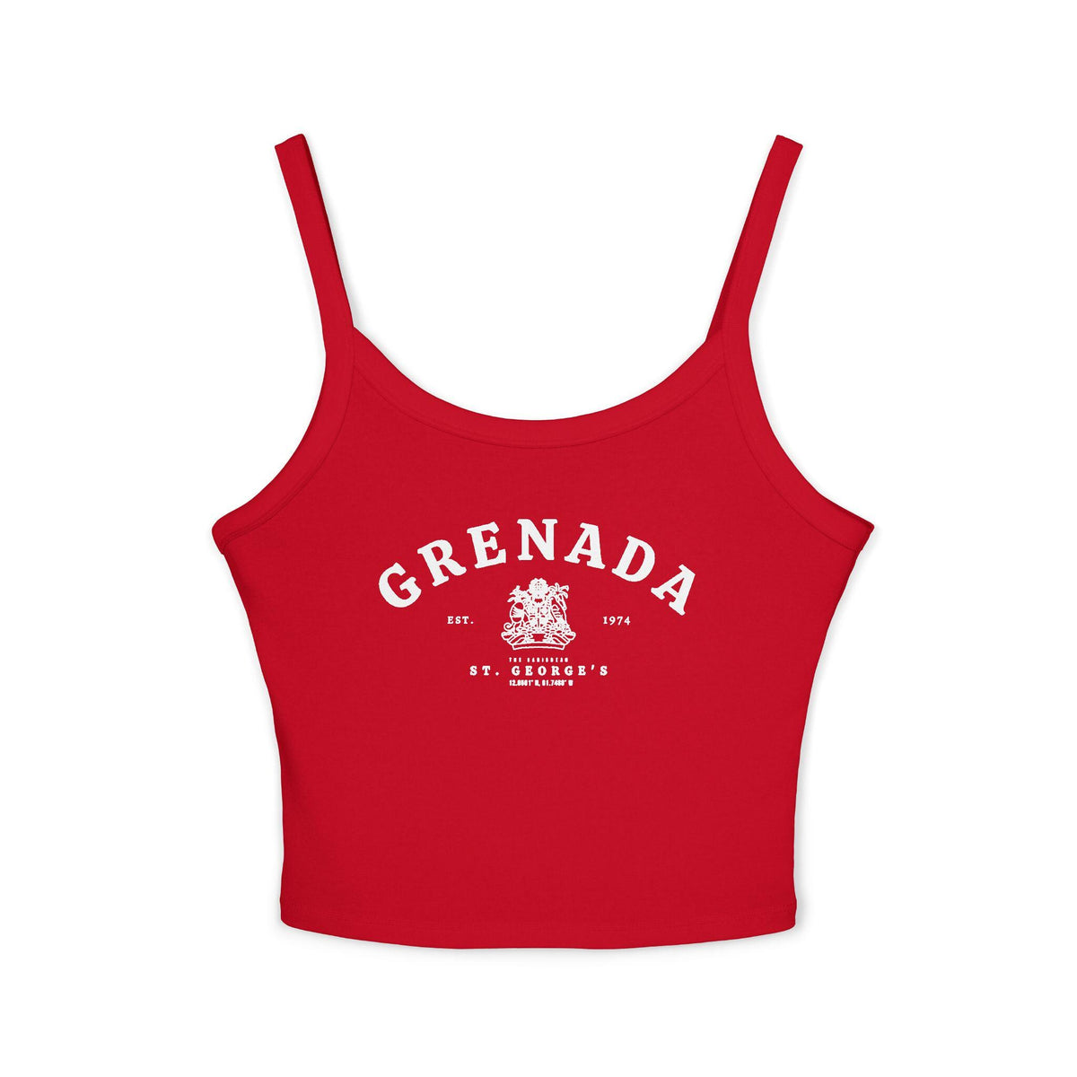 Pink tank top with vintage Grenada St. George's lettering and crest artwork.