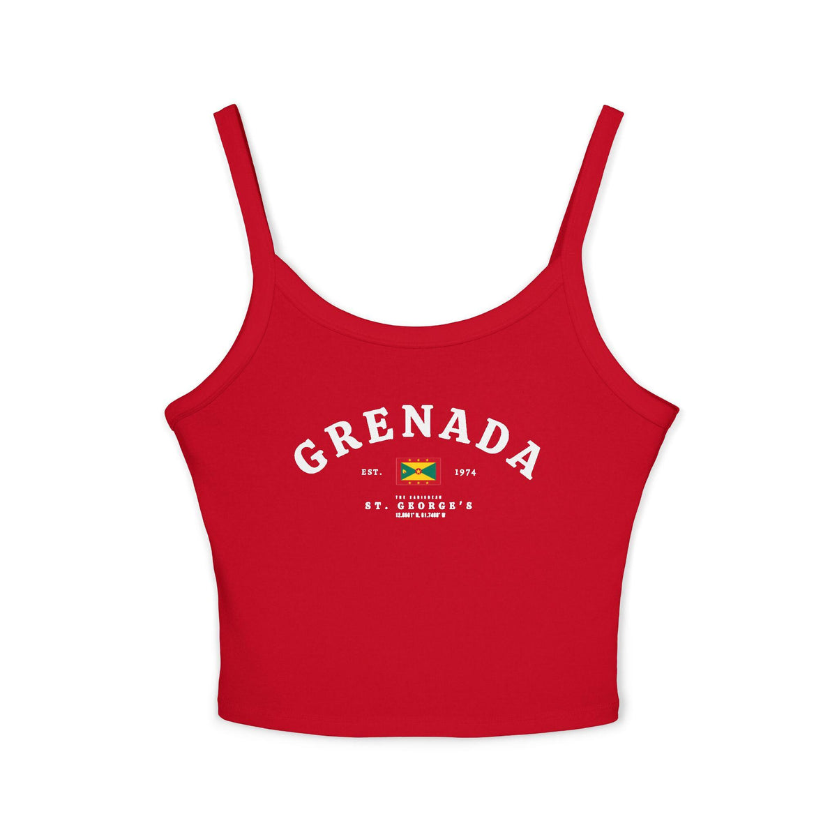 Black tank top with vintage Grenada flag, St. George's, Est. 1974, Caribbean text, and coordinates design