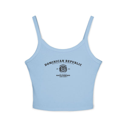 Navy tank top with Dominican Republic, Santo Domingo, coat of arms, and coordinates design