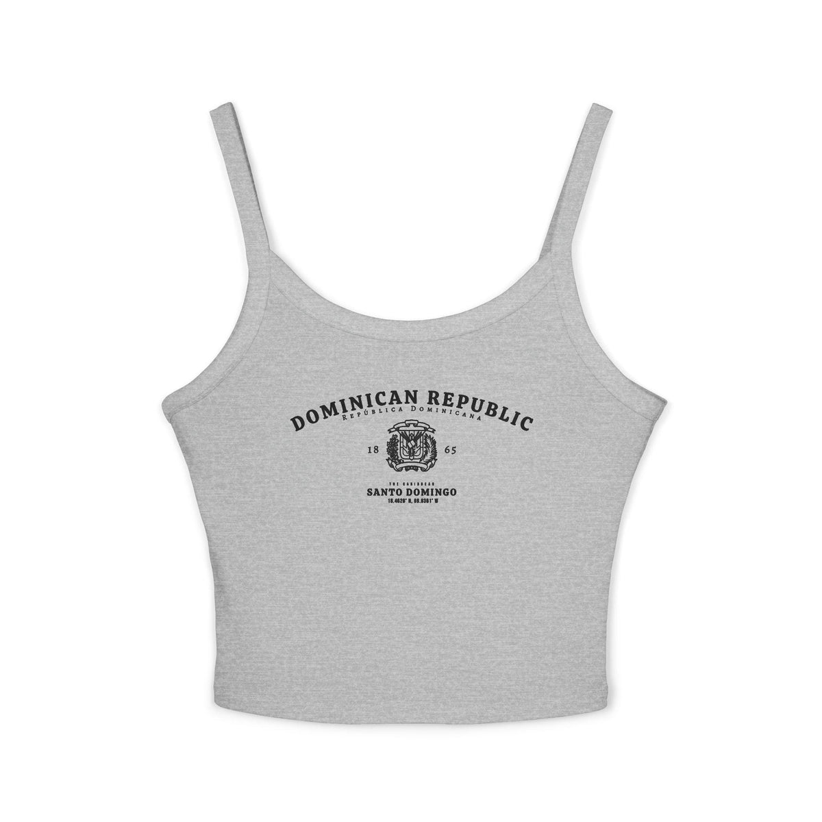 Navy tank top with Dominican Republic, Santo Domingo, coat of arms, and coordinates design