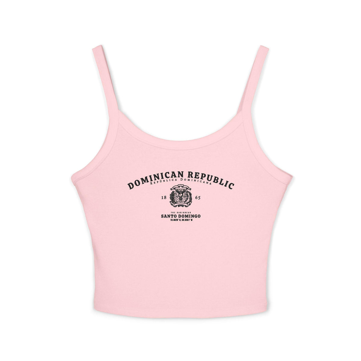 Navy tank top with Dominican Republic, Santo Domingo, coat of arms, and coordinates design