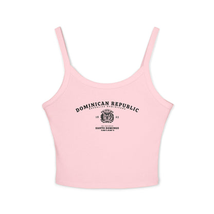 Navy tank top with Dominican Republic, Santo Domingo, coat of arms, and coordinates design