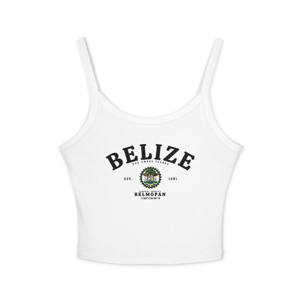 Pink tank top with arched Belize text, coat of arms graphic, EST. 1981 and Belmopan details