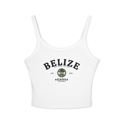 Pink tank top with arched Belize text, coat of arms graphic, EST. 1981 and Belmopan details