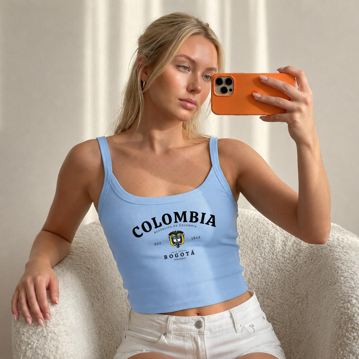 Light blue tank top with vintage Colombia Bogotá República de Colombia coat of arms design