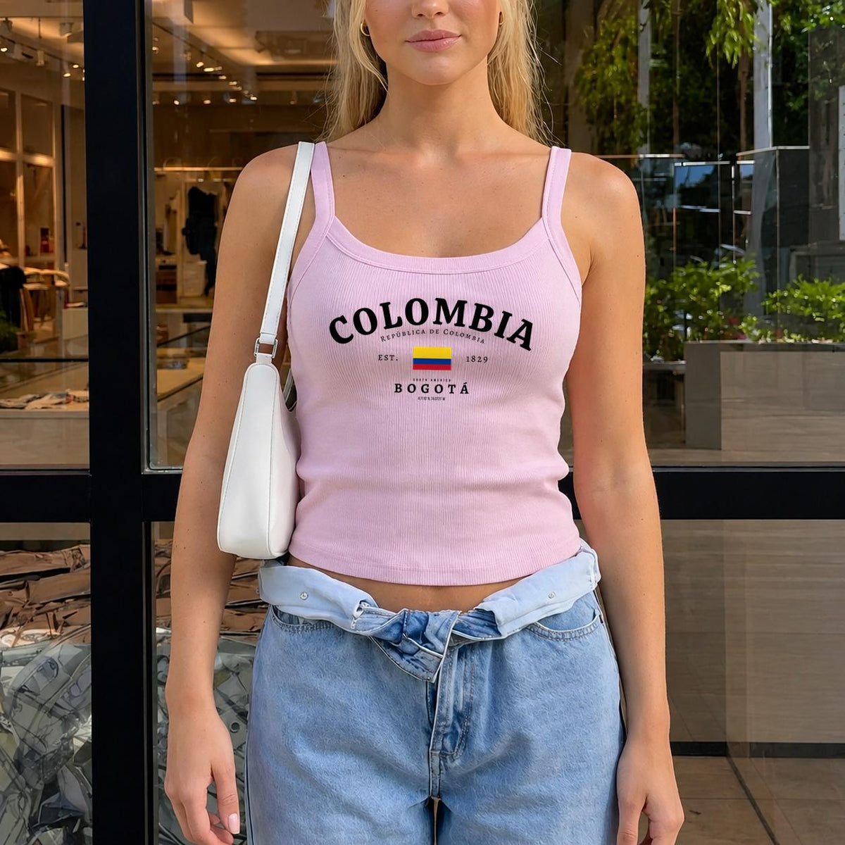 Navy tank top with Colombia arched text, Colombian flag, Bogotá, and República de Colombia design