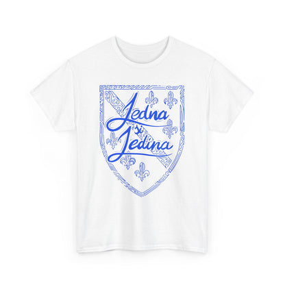 Blue T-shirt with gold Jedna Jedina shield design and fleur-de-lis details