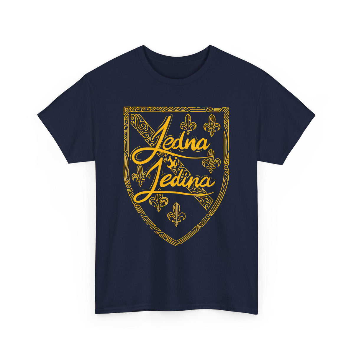 Blue T-shirt with gold Jedna Jedina shield design and fleur-de-lis details