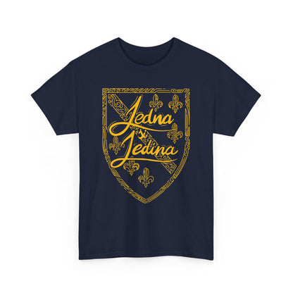 Blue T-shirt with gold Jedna Jedina shield design and fleur-de-lis details
