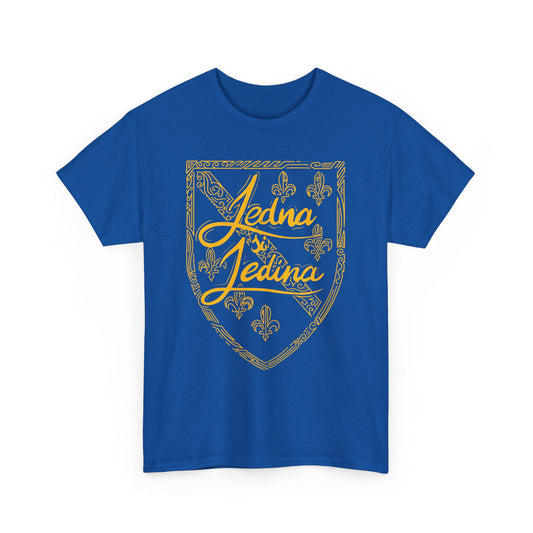 Blue T-shirt with gold Jedna Jedina shield design and fleur-de-lis details