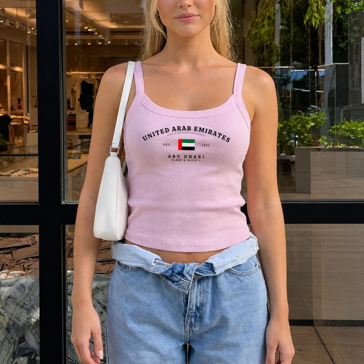 Navy tank top with United Arab Emirates flag, Abu Dhabi, Est. 1971, and arched UAE text design