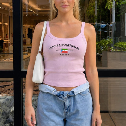 Navy tank top with Guinea Ecuatorial lettering, Equatorial Guinea flag, Est. 1968, and Malabo design