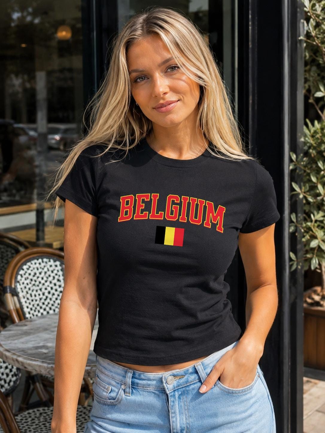 Black baby tee with arched red Belgium lettering and Belgian flag graphic