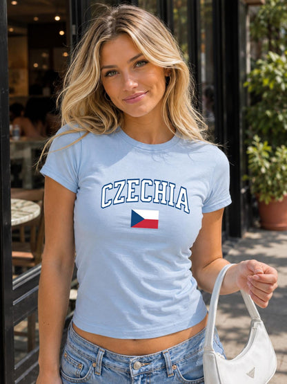 Blue baby tee with arched CZECHIA lettering and Czech flag graphic