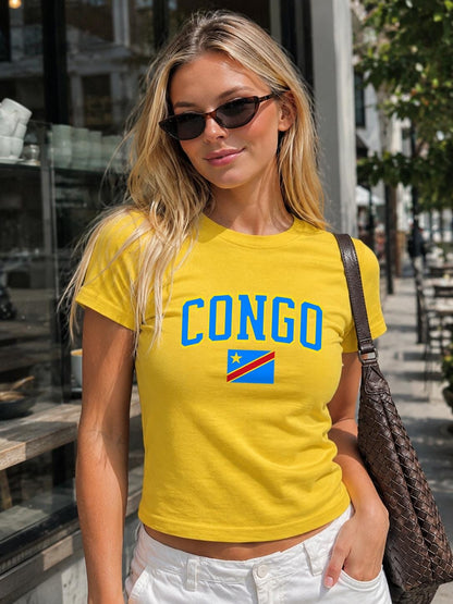Blue baby tee with yellow CONGO lettering and Democratic Republic of the Congo flag graphic