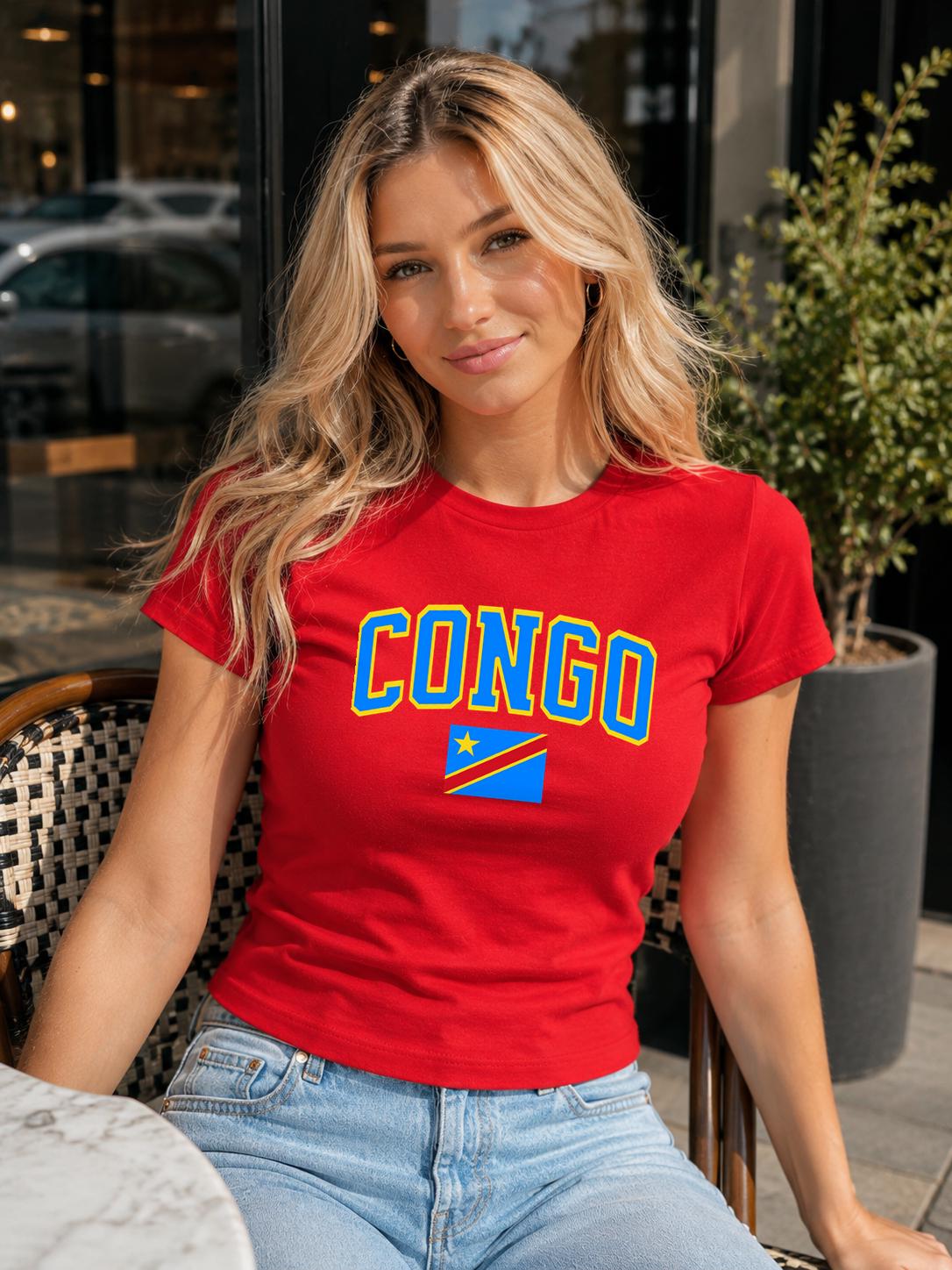 Blue baby tee with yellow CONGO lettering and Democratic Republic of the Congo flag graphic