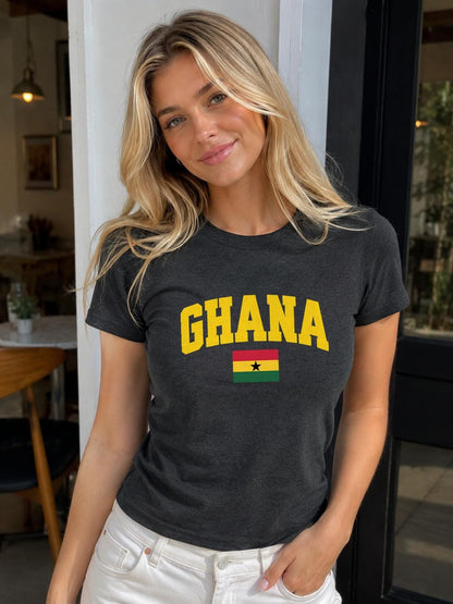 Red baby tee with yellow GHANA lettering and Ghana flag with black star