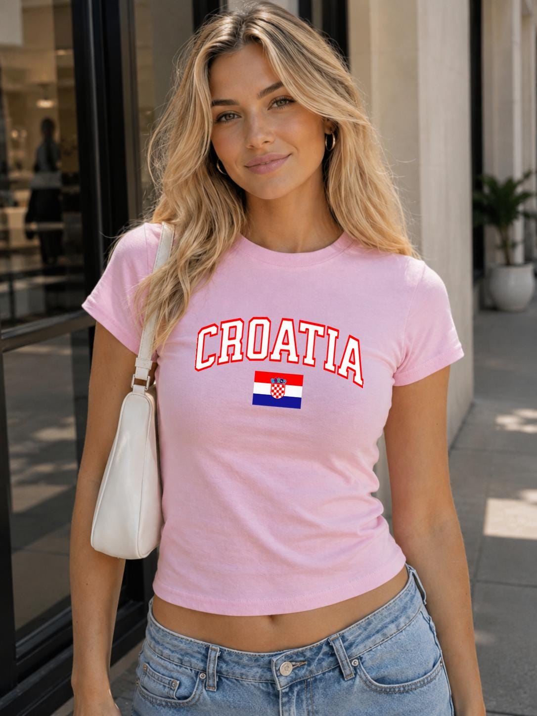 Royal blue baby tee with varsity Croatia lettering and Croatian flag graphic