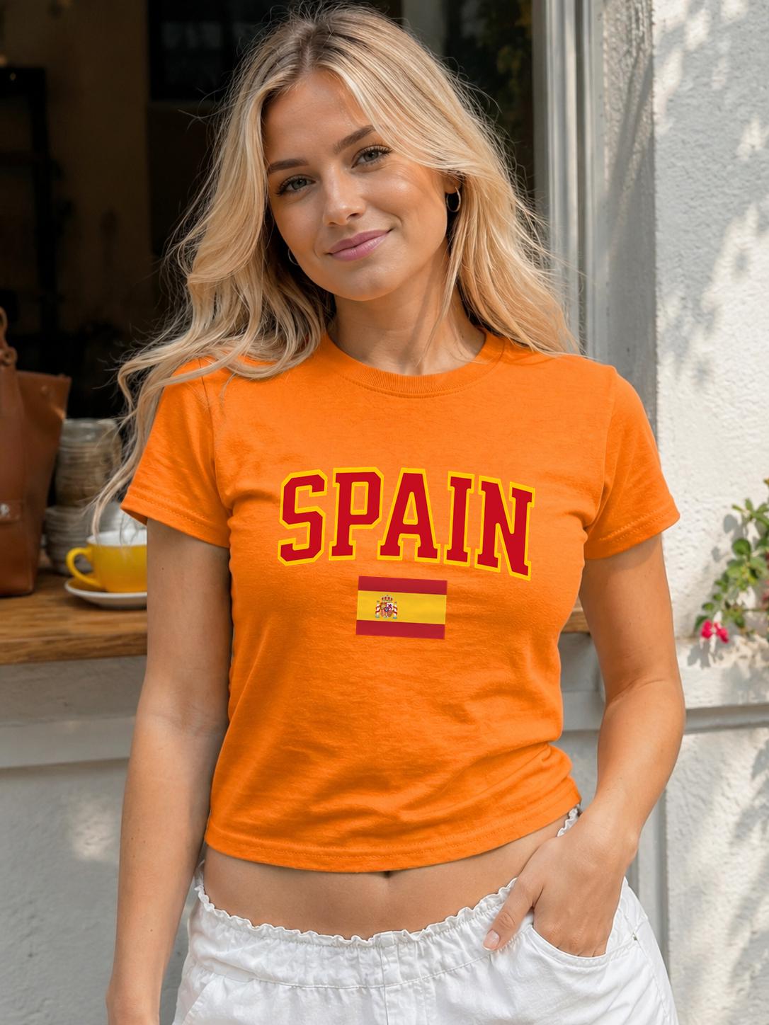 Spain baby tee with bold varsity lettering and Spanish flag graphic