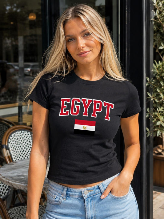 Black baby tee with red EGYPT varsity lettering and Egyptian flag graphic.