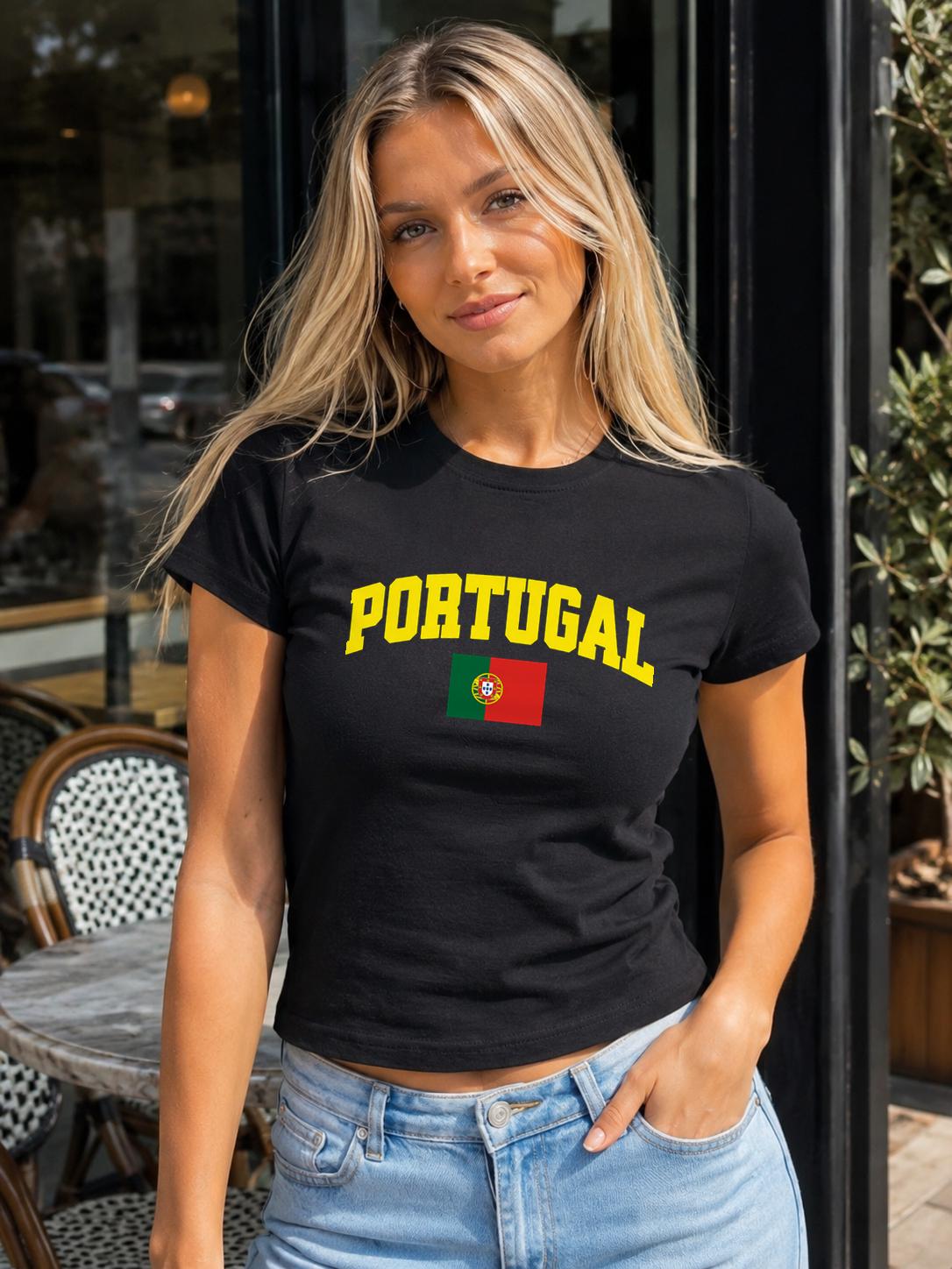 Maroon baby tee with yellow PORTUGAL lettering and Portuguese flag design