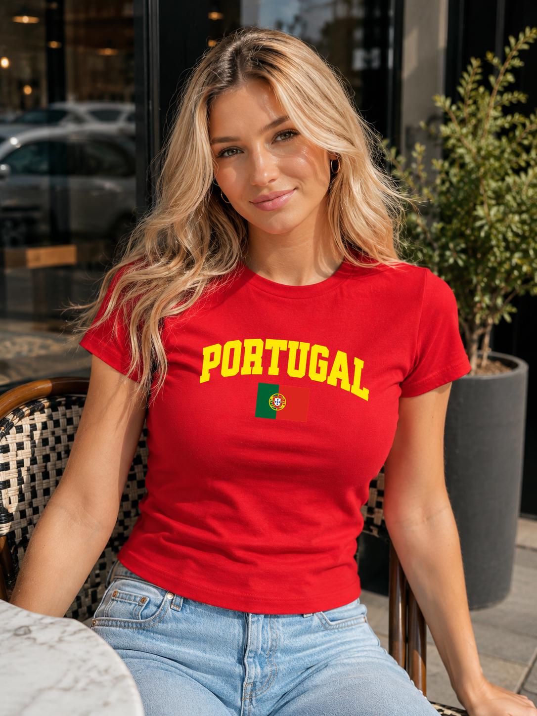 Maroon baby tee with yellow PORTUGAL lettering and Portuguese flag design