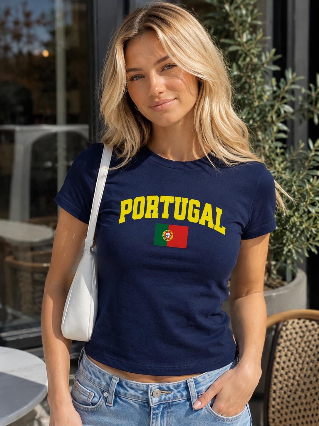 Maroon baby tee with yellow PORTUGAL lettering and Portuguese flag design