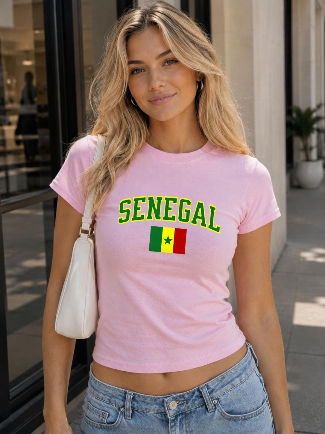 Fitted green baby tee with arched Senegal lettering and Senegal flag graphic