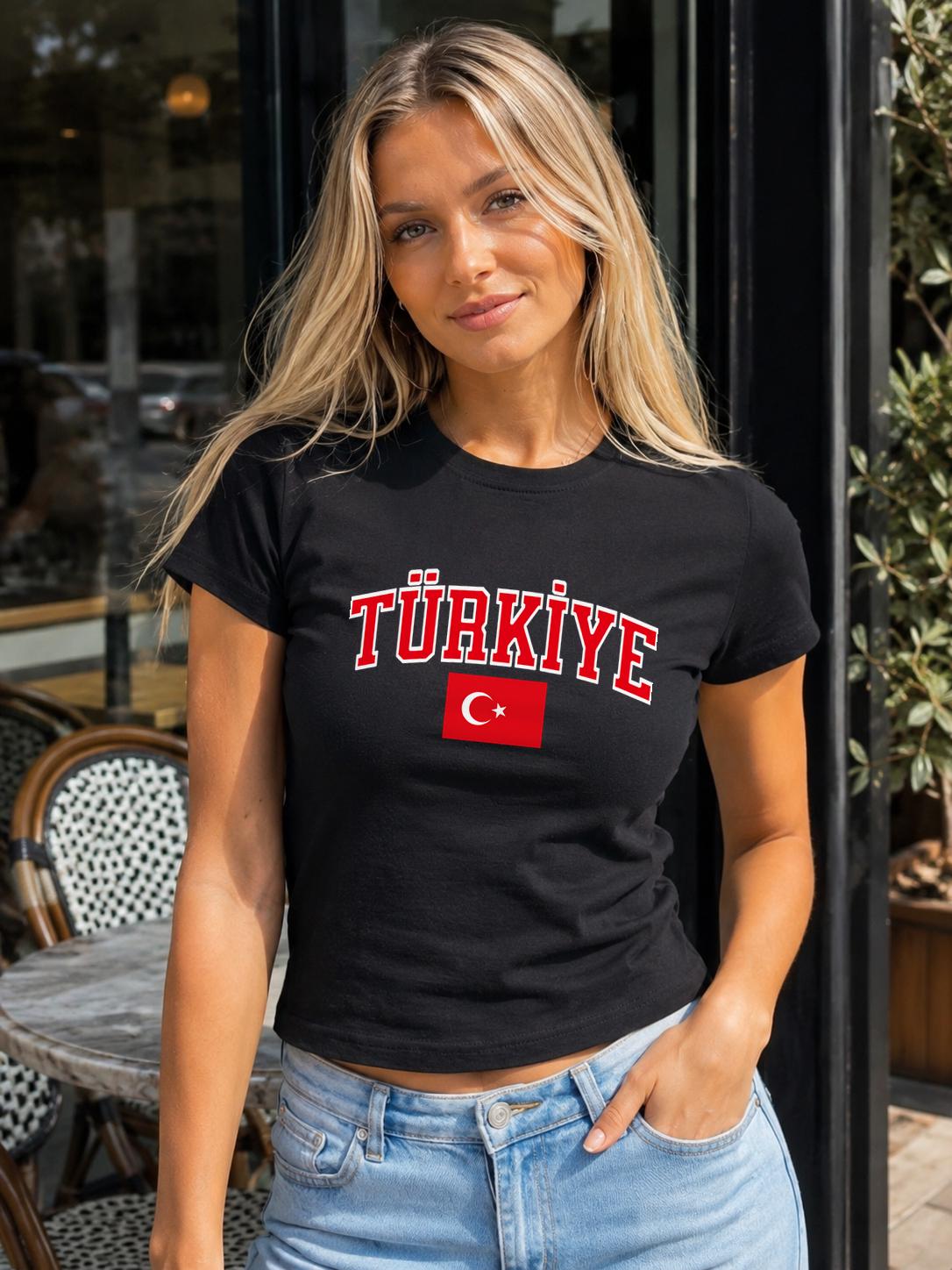 Red baby tee with bold Türkiye lettering and Turkish flag crescent and star graphic
