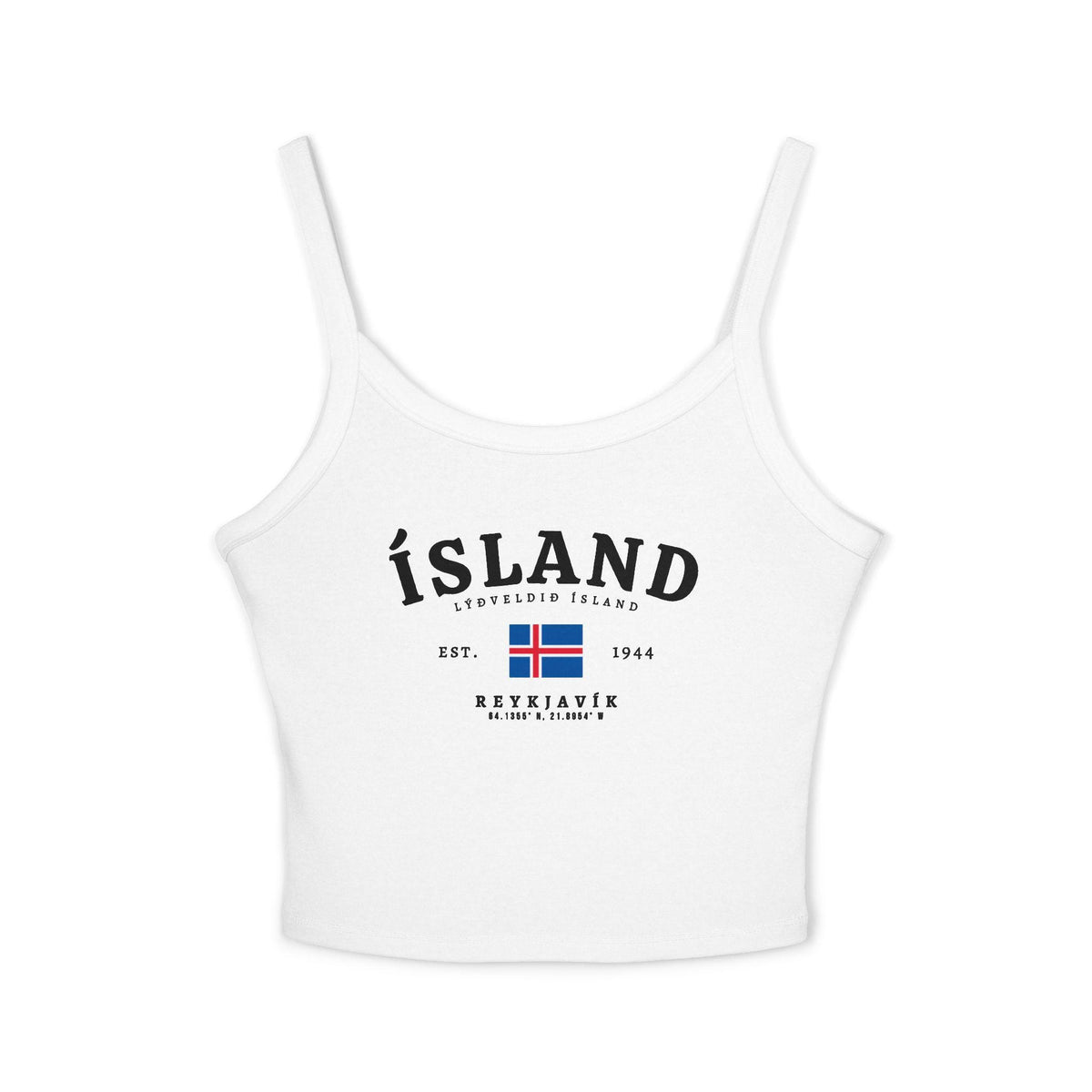 Navy tank top with vintage Iceland, Reykjavík coordinates, Est. 1944, and Icelandic flag design