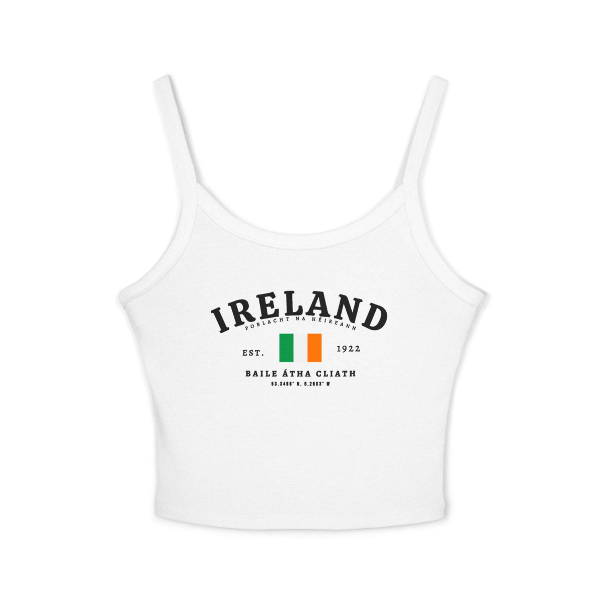 Black tank top with vintage Ireland text, Irish flag, Est. 1922, and Baile Átha Cliath details