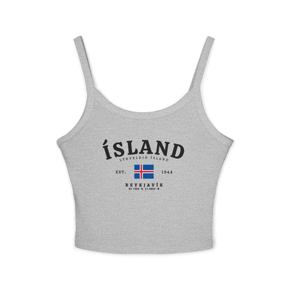 Navy tank top with vintage Iceland, Reykjavík coordinates, Est. 1944, and Icelandic flag design