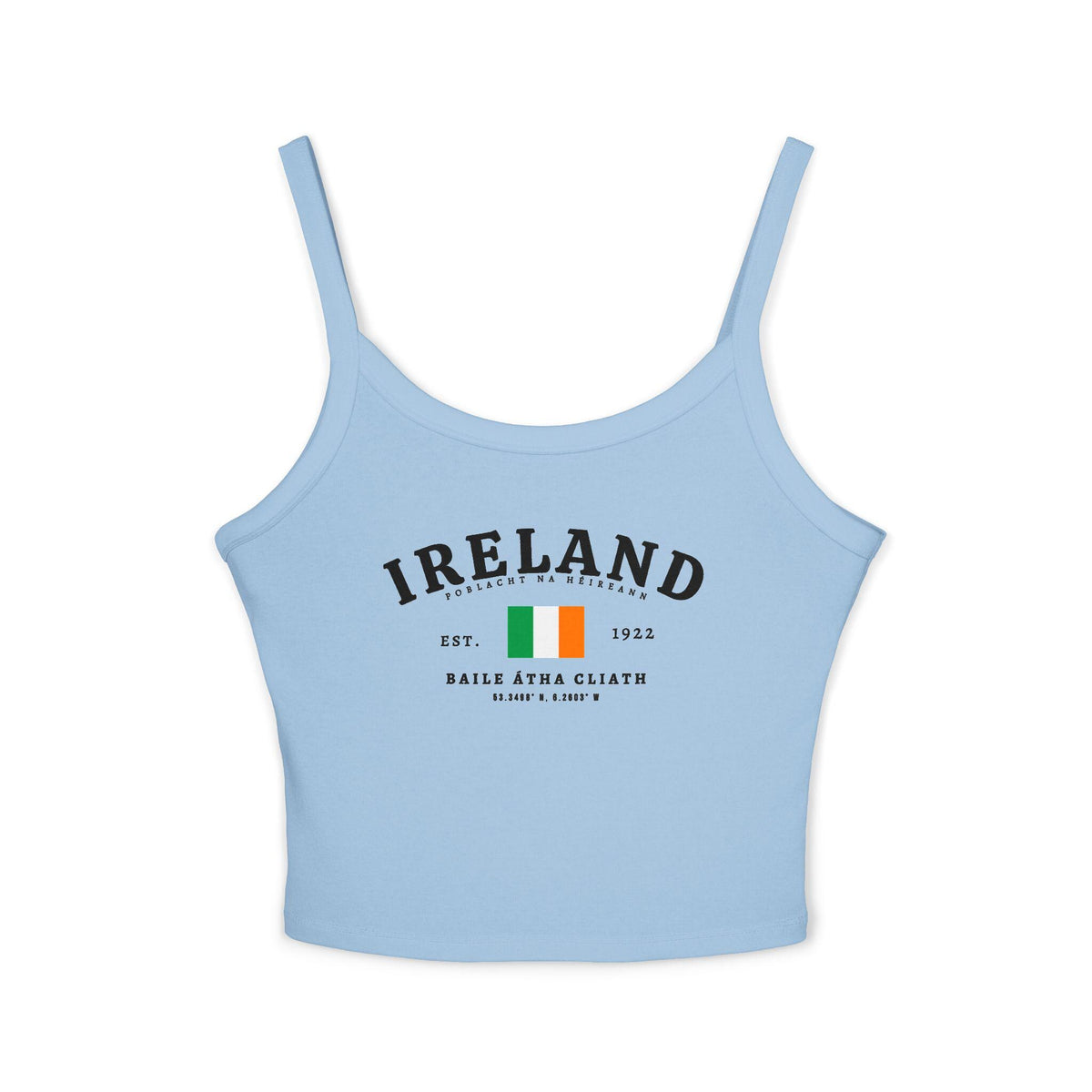 Black tank top with vintage Ireland text, Irish flag, Est. 1922, and Baile Átha Cliath details