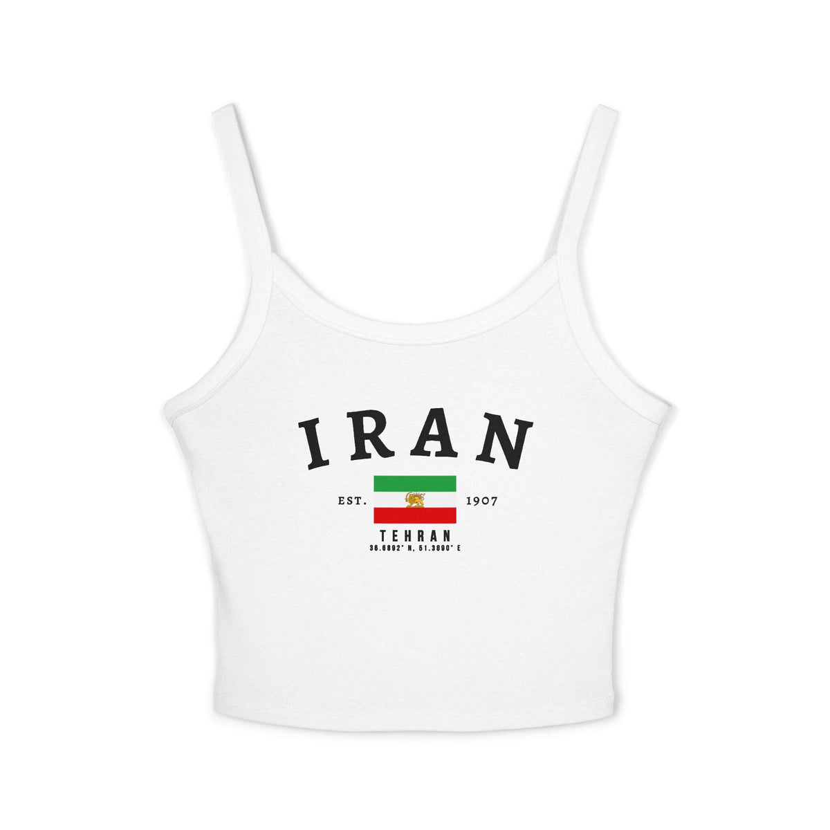 White tank top with arched IRAN lettering, Iran flag graphic, Tehran text, Est. 1907, and coordinates.