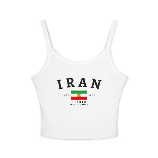 White tank top with arched IRAN lettering, Iran flag graphic, Tehran text, Est. 1907, and coordinates.