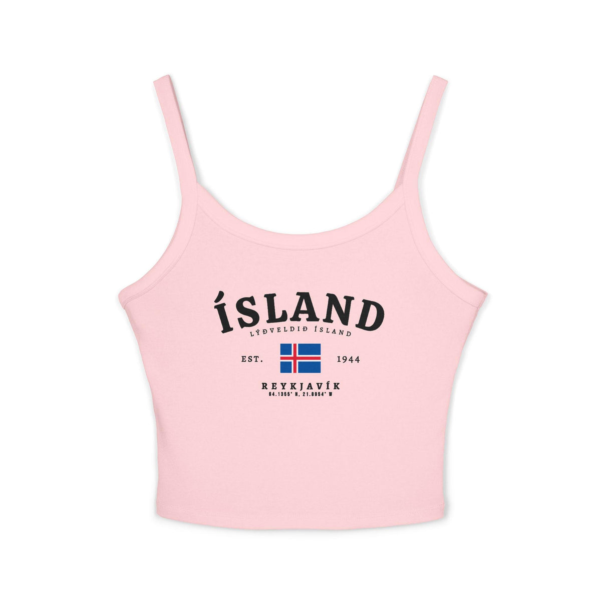 Navy tank top with vintage Iceland, Reykjavík coordinates, Est. 1944, and Icelandic flag design