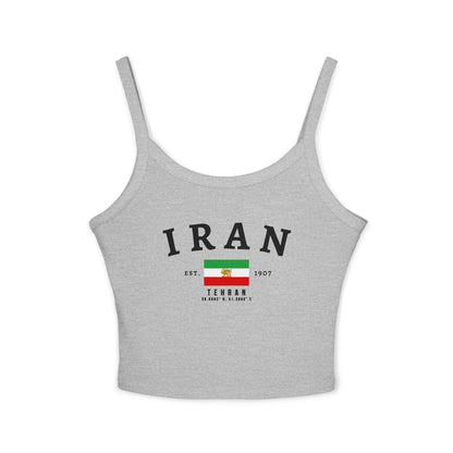 White tank top with arched IRAN lettering, Iran flag graphic, Tehran text, Est. 1907, and coordinates.