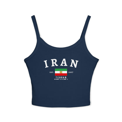 White tank top with arched IRAN lettering, Iran flag graphic, Tehran text, Est. 1907, and coordinates.