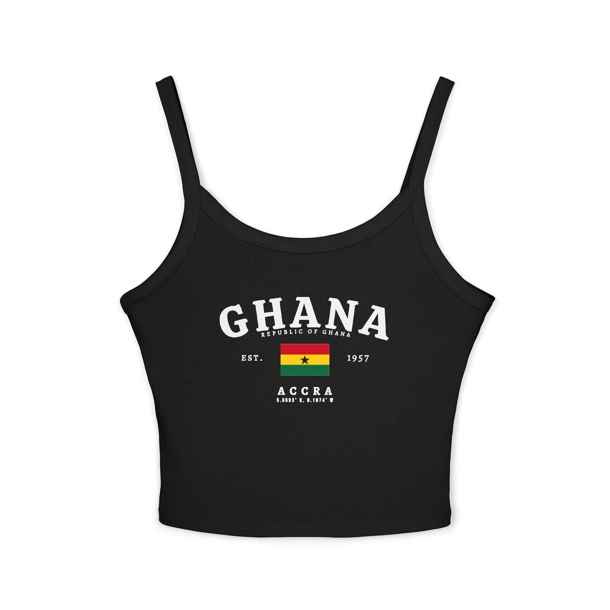 Red tank top with Ghana text, Republic of Ghana details, Ghana flag, Est. 1957, and Accra coordinates
