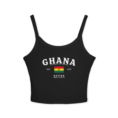 Red tank top with Ghana text, Republic of Ghana details, Ghana flag, Est. 1957, and Accra coordinates