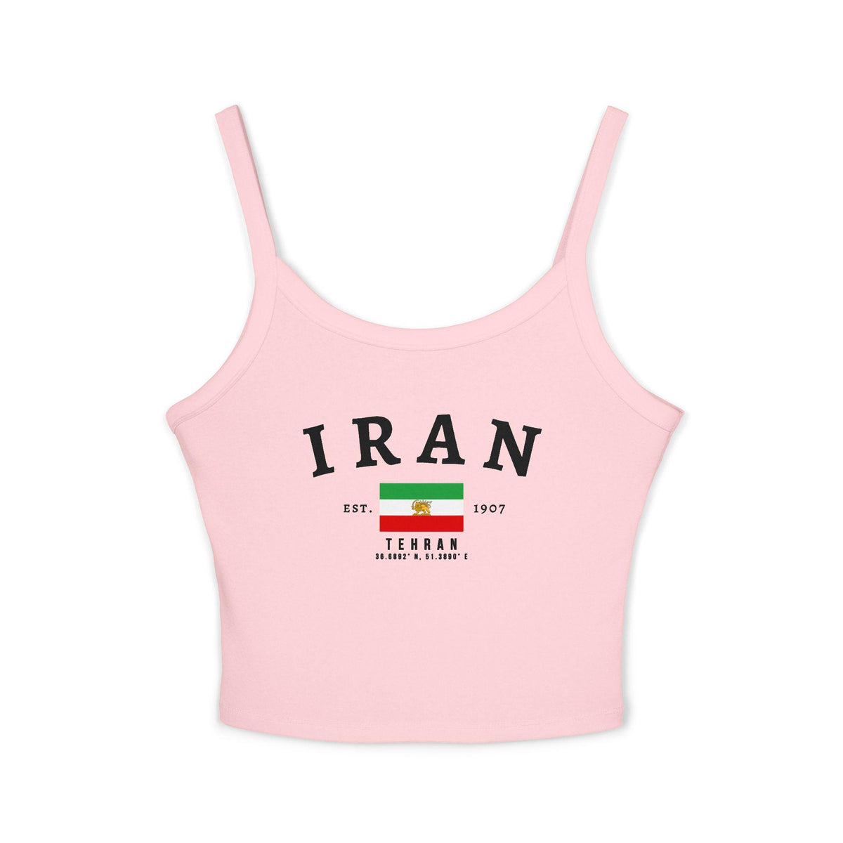 White tank top with arched IRAN lettering, Iran flag graphic, Tehran text, Est. 1907, and coordinates.