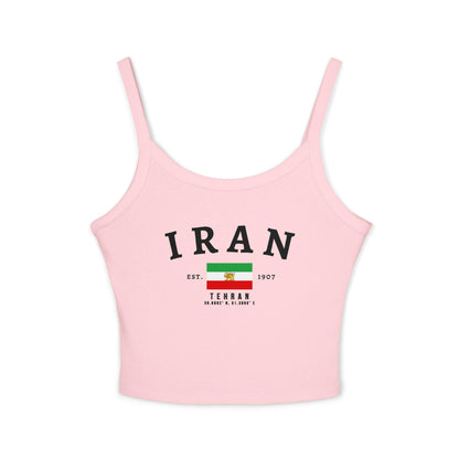 White tank top with arched IRAN lettering, Iran flag graphic, Tehran text, Est. 1907, and coordinates.