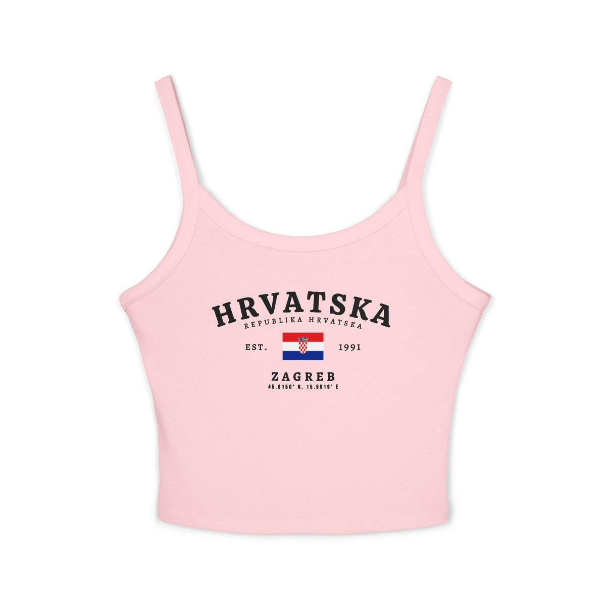 Navy tank top with Hrvatska text, Croatia flag, Est. 1991, and Zagreb coordinates design