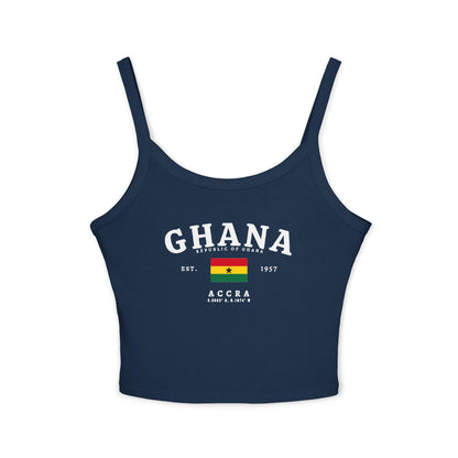 Red tank top with Ghana text, Republic of Ghana details, Ghana flag, Est. 1957, and Accra coordinates