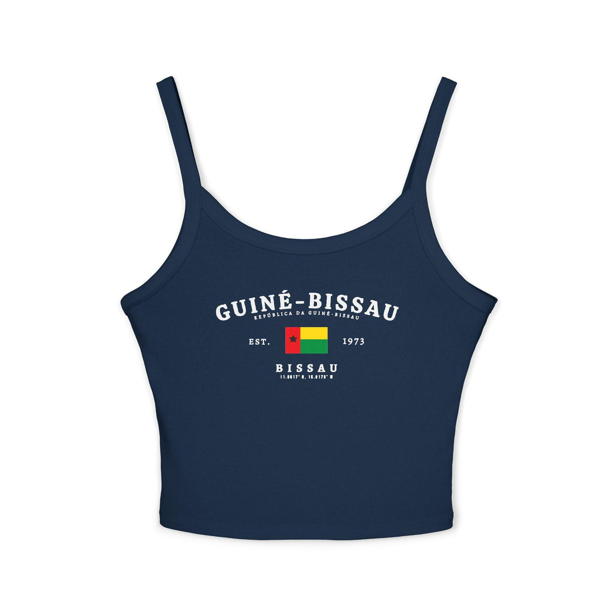 Navy tank top with arched Guiné-Bissau lettering, flag, Est. 1973, Bissau and coordinates design