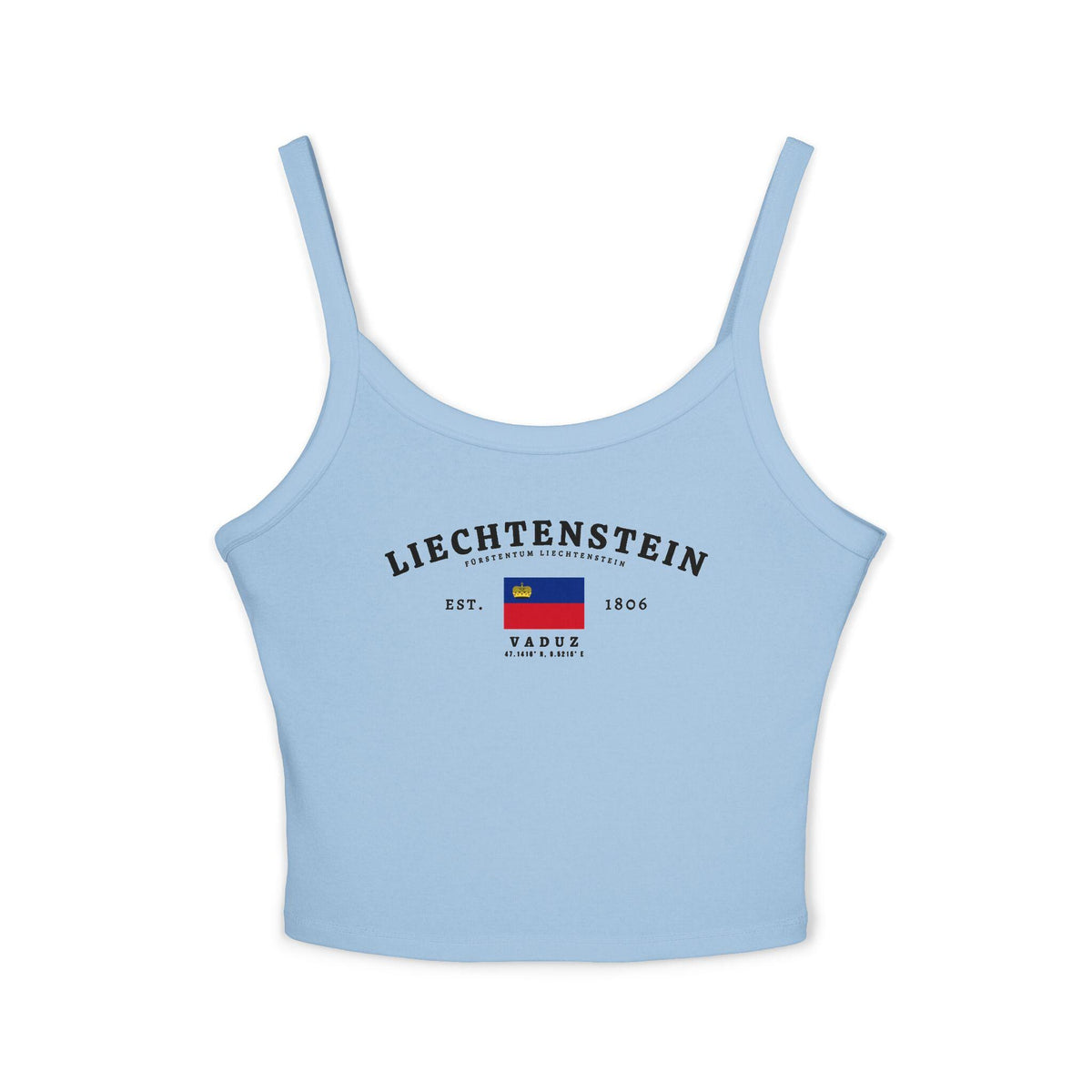 Liechtenstein tank top with arched lettering, national flag, Vaduz text, Est. 1806, and coordinates.