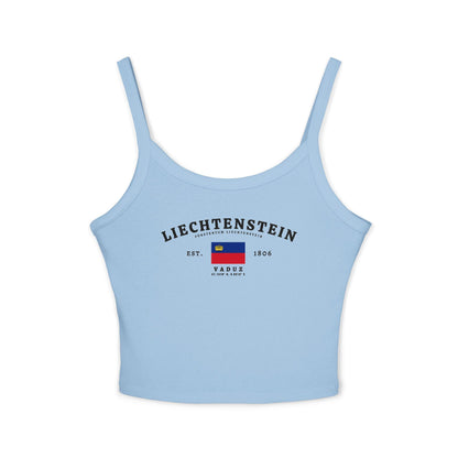 Liechtenstein tank top with arched lettering, national flag, Vaduz text, Est. 1806, and coordinates.