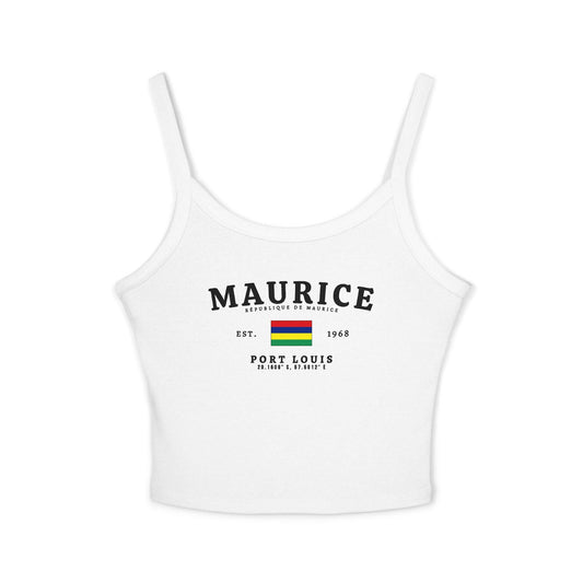 White tank top with Maurice République de Maurice flag, Est. 1968, Port Louis and coordinates design