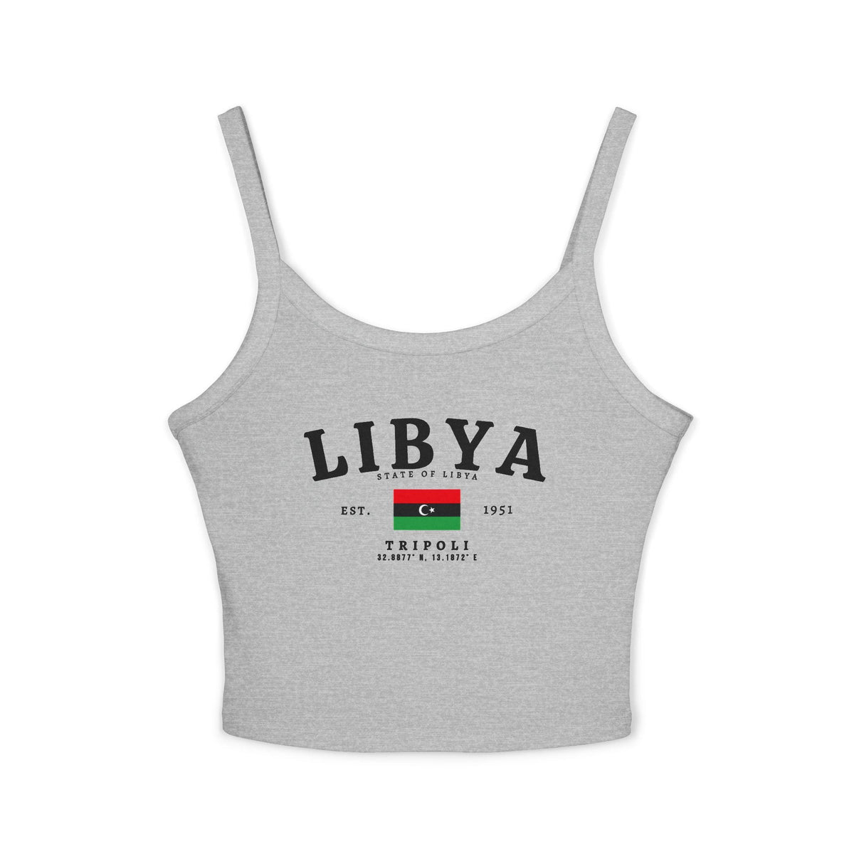 Black tank top with vintage Libya lettering, Libyan flag, State of Libya text, Est. 1951 and Tripoli details